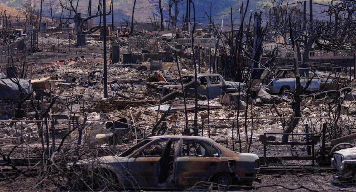 Mauin lassan halad a tűzvész utáni romok átkutatása